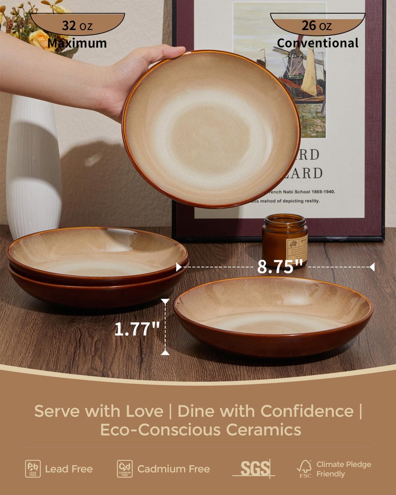 Pokini Ceramic 32 Oz Pasta Bowls, 8.75 Inch Reactive Glaze Pasta Bowl Set of 4, Microwave & Dishwasher Safe, Large Wide Serving Bowls for Salad, Dessert, Soup, Fruit, Brown and Yellow - Image 2