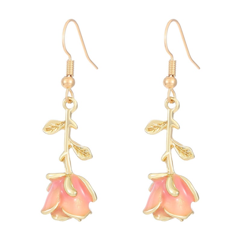 ANGLEQUEEN Gold Rose Earrings for Women Vintage Rose Dangle Flower Earrings Enamel Rose Drop Earrings Rose Flower Earrings Jewelry(Pink) - Image 1