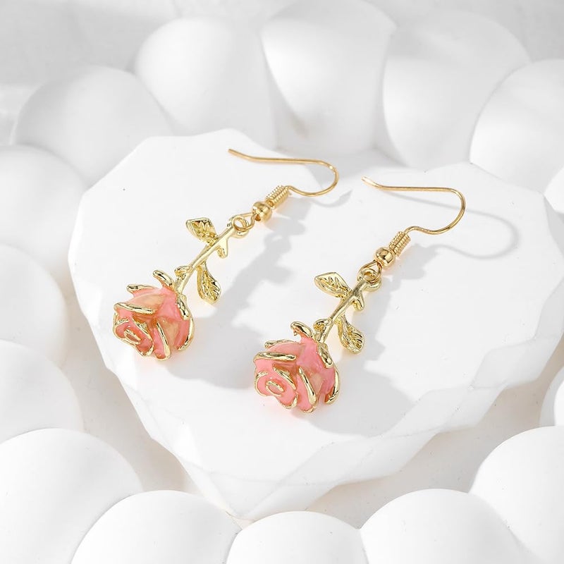 ANGLEQUEEN Gold Rose Earrings for Women Vintage Rose Dangle Flower Earrings Enamel Rose Drop Earrings Rose Flower Earrings Jewelry(Pink) - Image 5