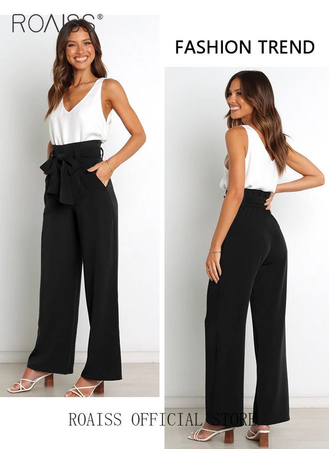 رويس سراويل البدلة المهنية للنساء مع نمط عمل خفيف، سراويل مستقيمة مريحة متعددة الاستخدامات، سراويل طويلة بأرجل واسعة مع حزام خصر، مثالية للتنقل الأنيق والمتطور - Image 3