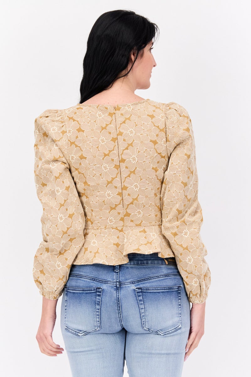 En Saison Women Square Neck Long Sleeves Floral Print Blouse, Tan - Image 3