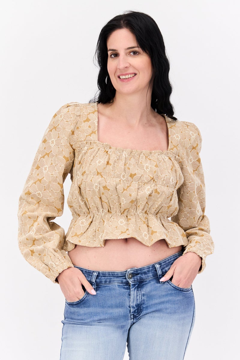 En Saison Women Square Neck Long Sleeves Floral Print Blouse, Tan - Image 1