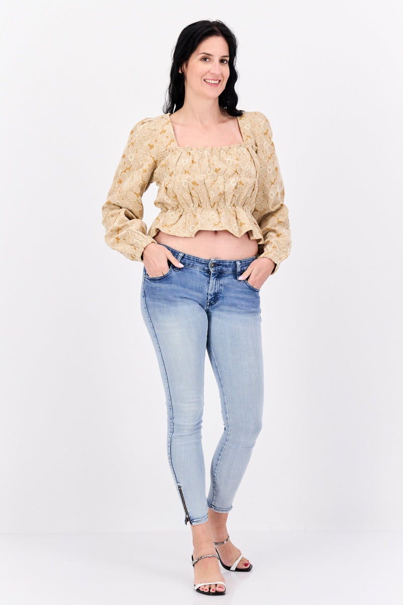 En Saison Women Square Neck Long Sleeves Floral Print Blouse, Tan - Image 4