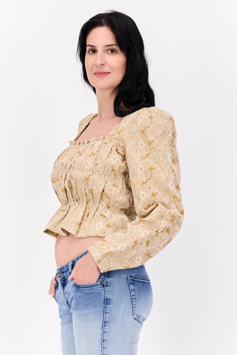 En Saison Women Square Neck Long Sleeves Floral Print Blouse, Tan - Image 2
