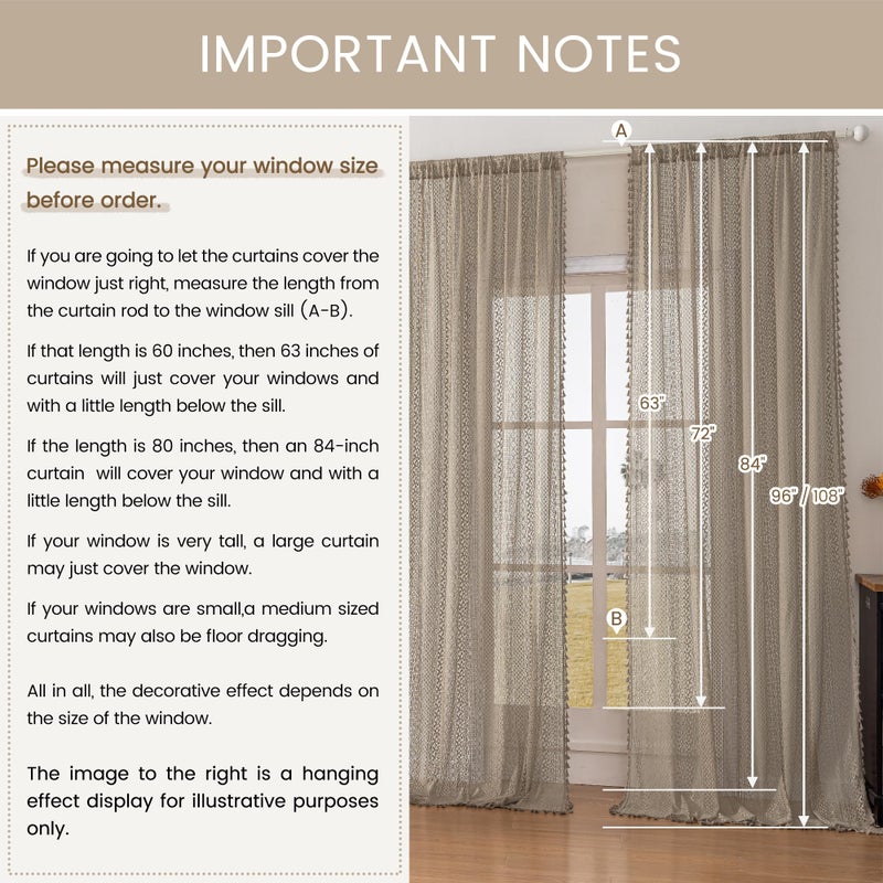 WAZZIO Boho Lace Curtains 84 Inches 2 Panel,Light Filtering Privacy Tassel & Geometry Crochet Semi Sheer Curtain Drapes for Bedroom Living Dining Room,Rod Pocket & Tassel,Earthy Color Taupe - Image 4