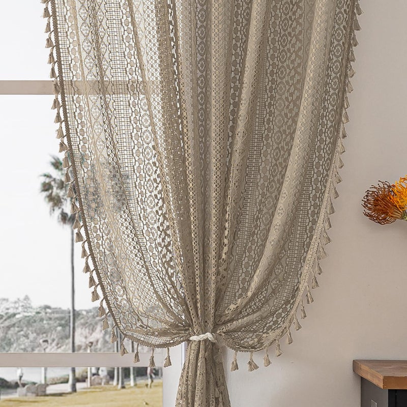 WAZZIO Boho Lace Curtains 84 Inches 2 Panel,Light Filtering Privacy Tassel & Geometry Crochet Semi Sheer Curtain Drapes for Bedroom Living Dining Room,Rod Pocket & Tassel,Earthy Color Taupe - Image 1