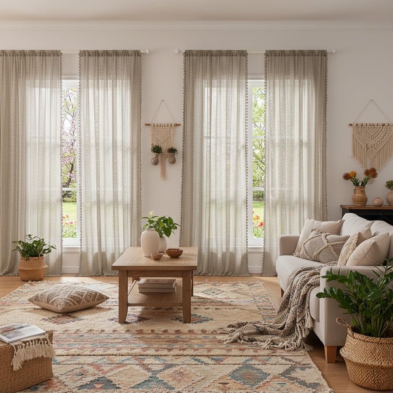 WAZZIO Boho Lace Curtains 84 Inches 2 Panel,Light Filtering Privacy Tassel & Geometry Crochet Semi Sheer Curtain Drapes for Bedroom Living Dining Room,Rod Pocket & Tassel,Earthy Color Taupe - Image 5