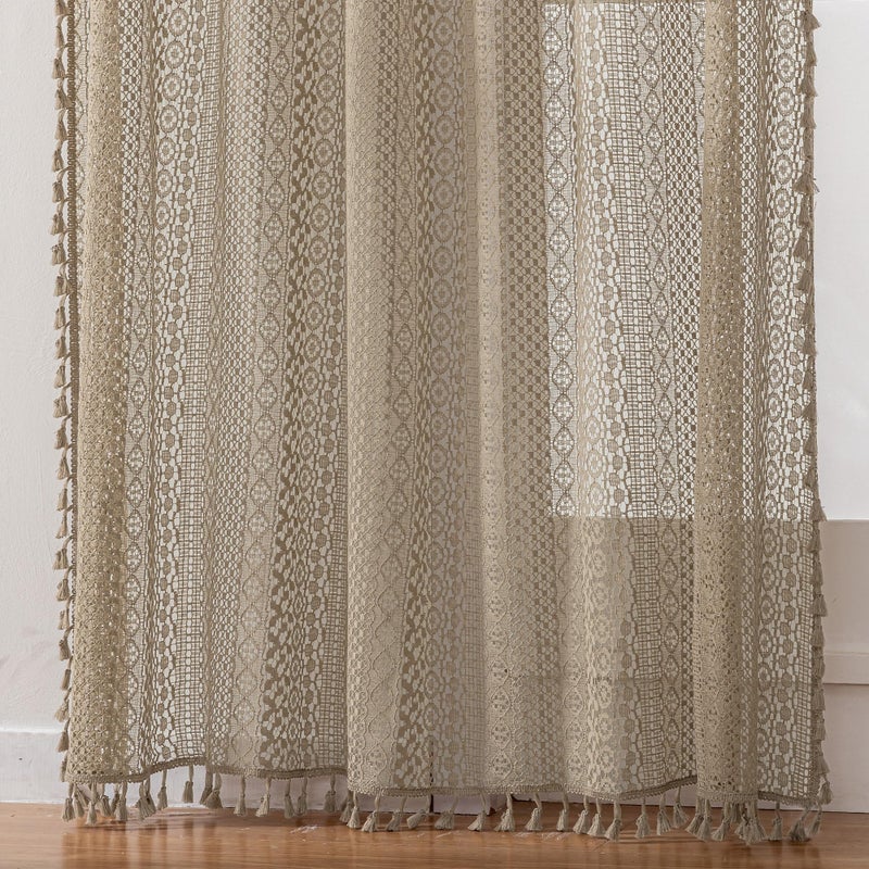 WAZZIO Boho Lace Curtains 84 Inches 2 Panel,Light Filtering Privacy Tassel & Geometry Crochet Semi Sheer Curtain Drapes for Bedroom Living Dining Room,Rod Pocket & Tassel,Earthy Color Taupe - Image 2