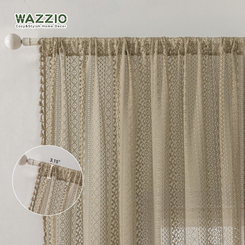 WAZZIO Boho Lace Curtains 84 Inches 2 Panel,Light Filtering Privacy Tassel & Geometry Crochet Semi Sheer Curtain Drapes for Bedroom Living Dining Room,Rod Pocket & Tassel,Earthy Color Taupe - Image 3