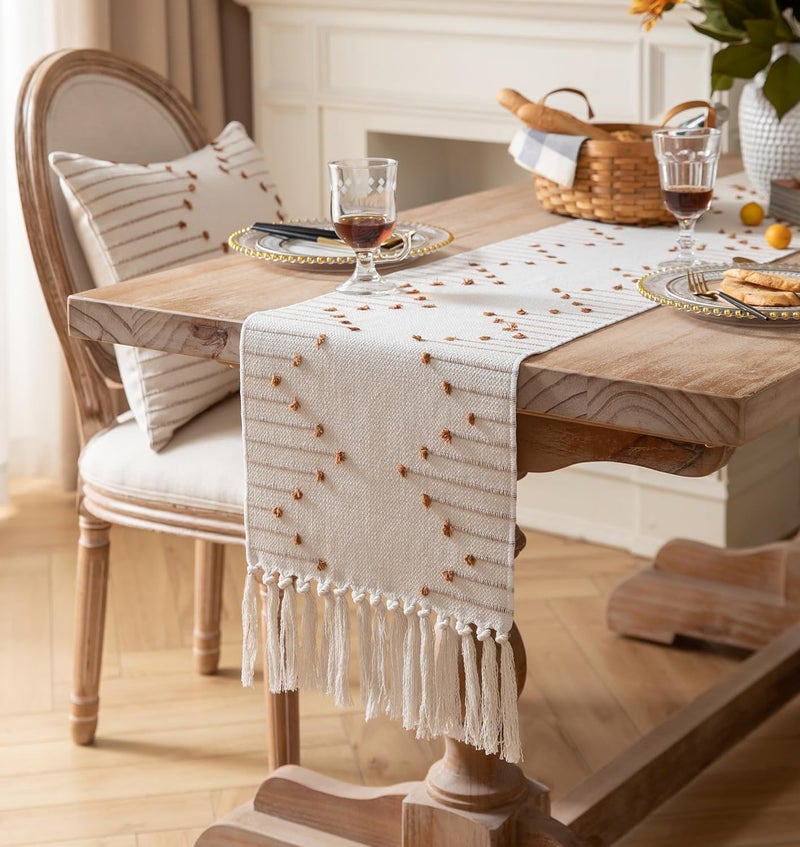 Caflife Boho Table Runner 13 x 72 Inch Long Natural Cotton Woven Runner with Tassels for Home Dining Table décor, for Modern Farmhouse Decor Coffee Table Runner, Brown and Beige - Image 2