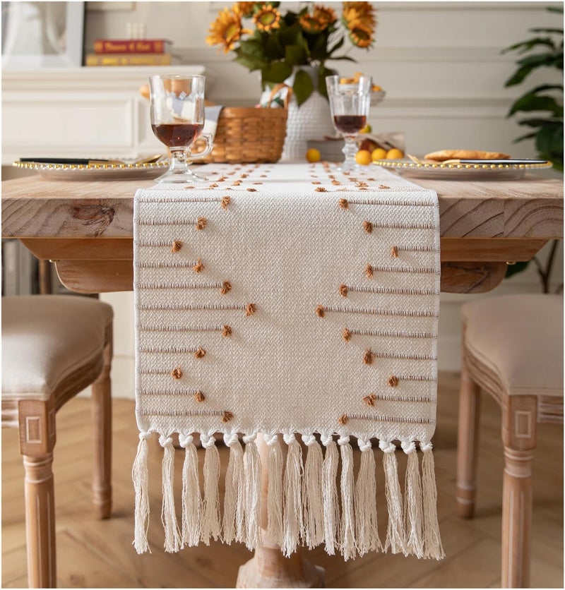 Caflife Boho Table Runner 13 x 72 Inch Long Natural Cotton Woven Runner with Tassels for Home Dining Table décor, for Modern Farmhouse Decor Coffee Table Runner, Brown and Beige - Image 1