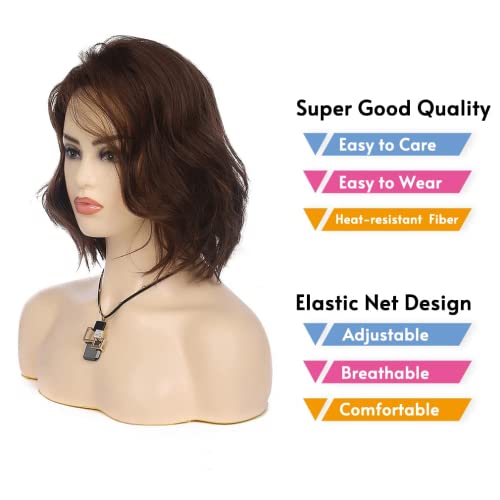 Wiwige Short Wavy Brown Bob Wig for Women Synthetic Heat Resistant Side Part Halloween Cosplay Wig - Image 2