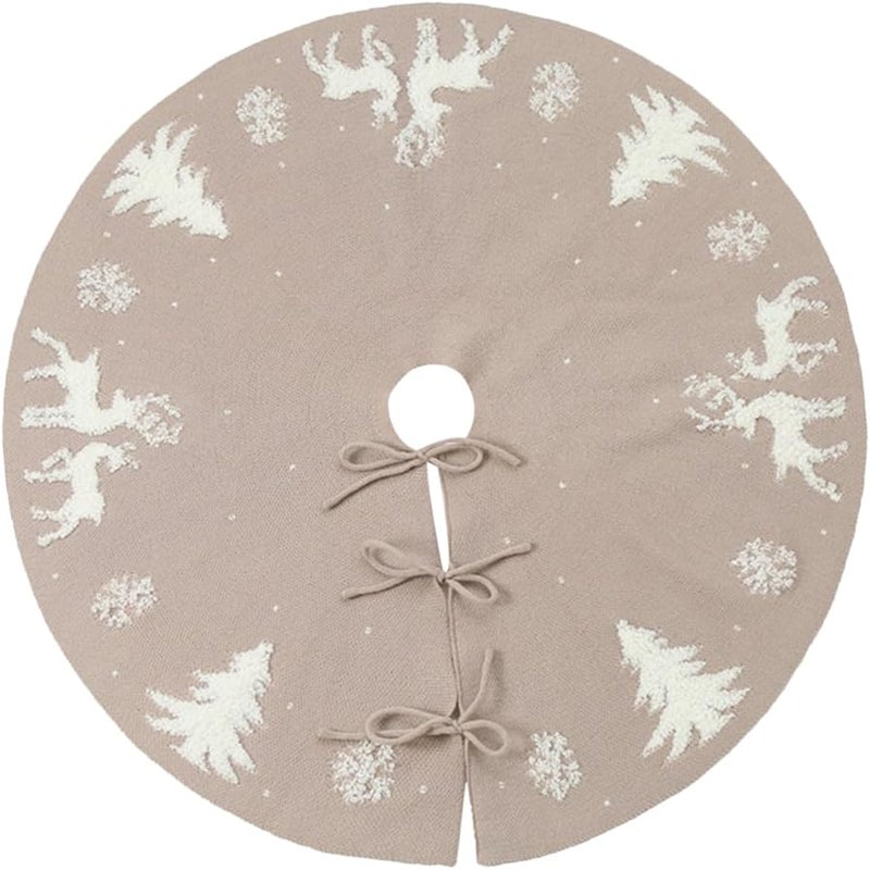 تنورة شجرة الكريسماس المحبوكة بنمط الغزلان البيج غطاء أرضي احتفالي لتزيين المنزل - Image 1