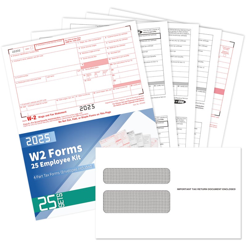 Yeplan W2 Tax Forms 2025 with Envelopes, 4 Part Tax Forms 2025, 25 Employee Kit of Laser Forms with 3 W3, with 25 Self Seal Envelopes - Image 1