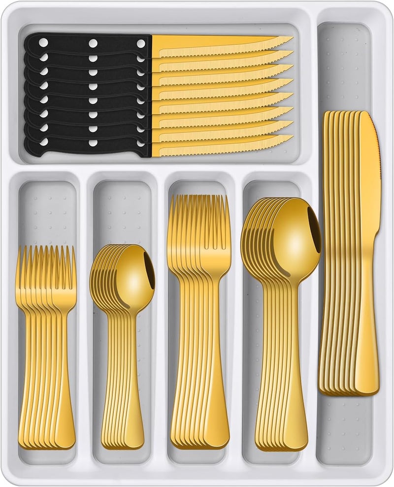 Dehov Gold 49 Pieces Stainless Steel Flatware Sets With Organizer,Golden Silverware Sets With Steak Knives Service For 8,Durable Knife And Fork Spoon Sets For Home Kitchen - Image 1