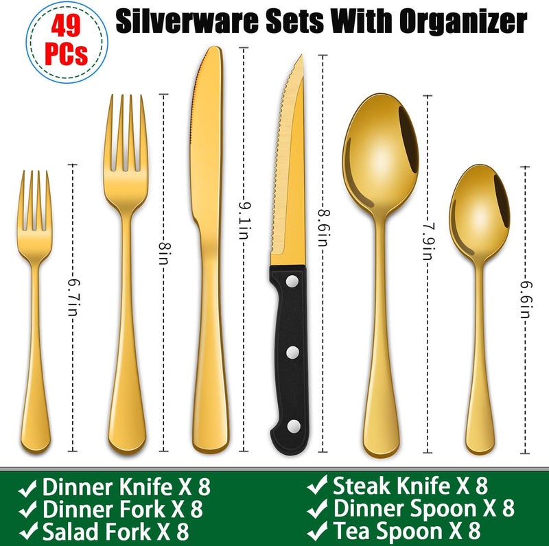Dehov Gold 49 Pieces Stainless Steel Flatware Sets With Organizer,Golden Silverware Sets With Steak Knives Service For 8,Durable Knife And Fork Spoon Sets For Home Kitchen - Image 2