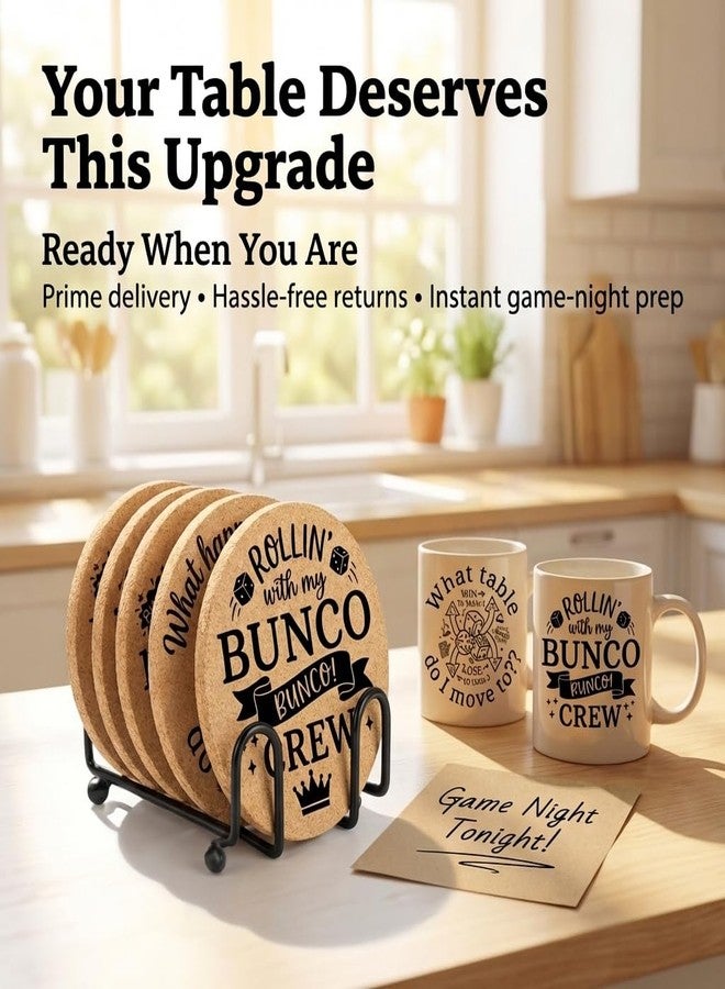 TheClover Bunco Coasters Set of 6 with Holder, Funny Bunco Game Cork Drink Coasters for Bunco Night Party, Bunco Gifts Table Decor for Game Players - Image 2