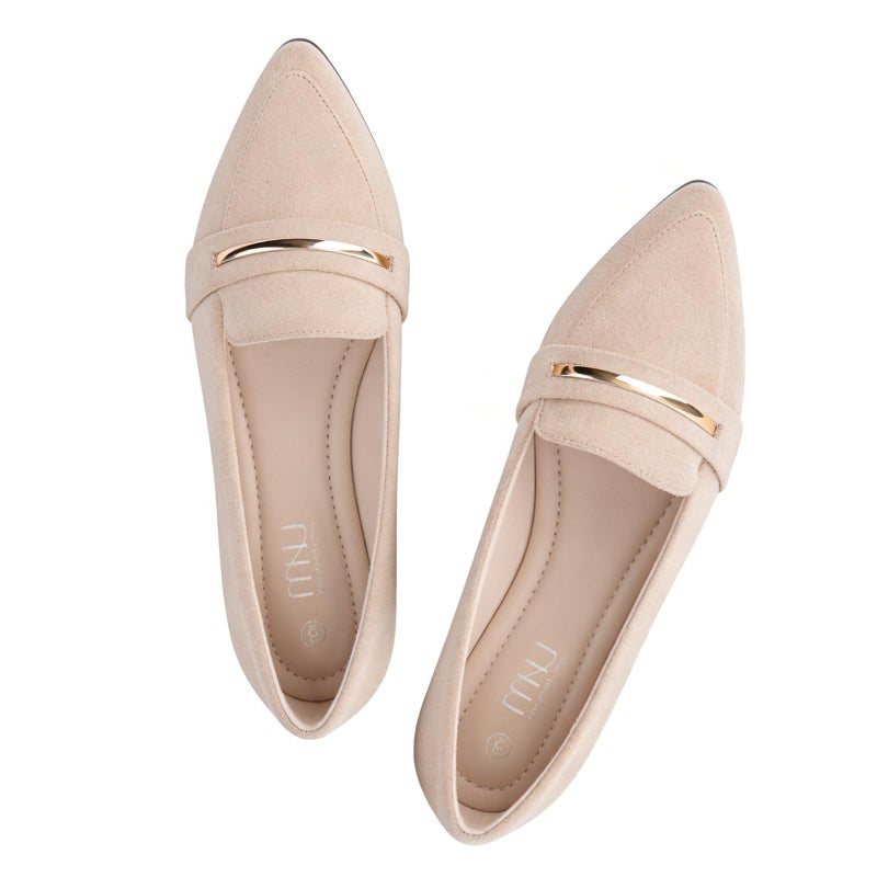 MUSSHOE Loafers for Women Pointed Toe: Dressy Gold Bit Flats, Suede BusinessCasual Slip On Shoes for Office Work,Interview & Teacher,Nude 7 - Image 1