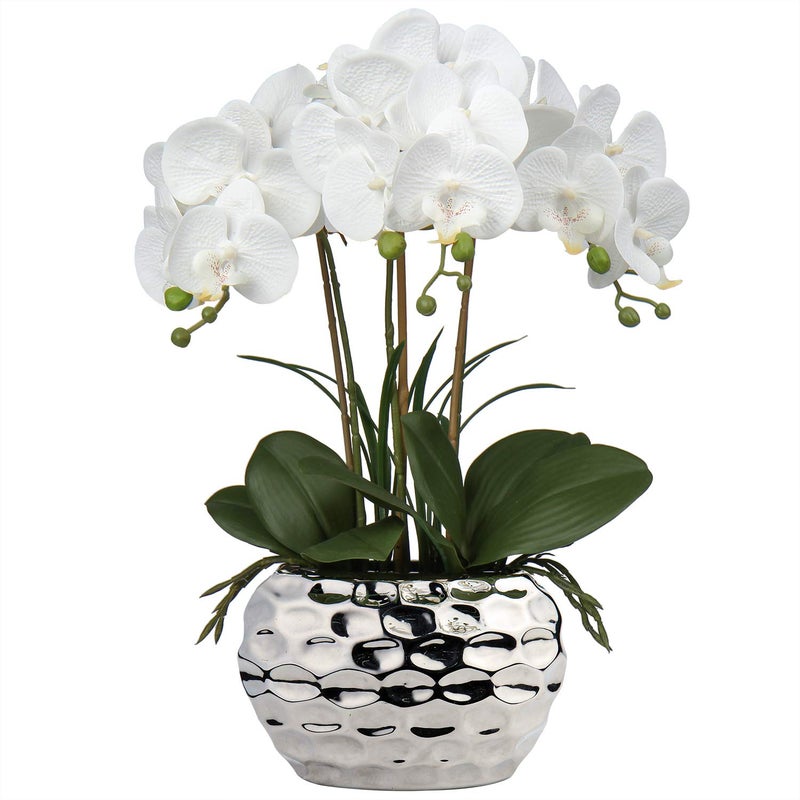 Briful 17 Artificial Orchid Phalaenopsis Flowers Decorative Bonsai Fake Flower Real Touch Artificial Flowers with Silver Ceramic Pot for Table Centerpieces Living Room Home Dcor
