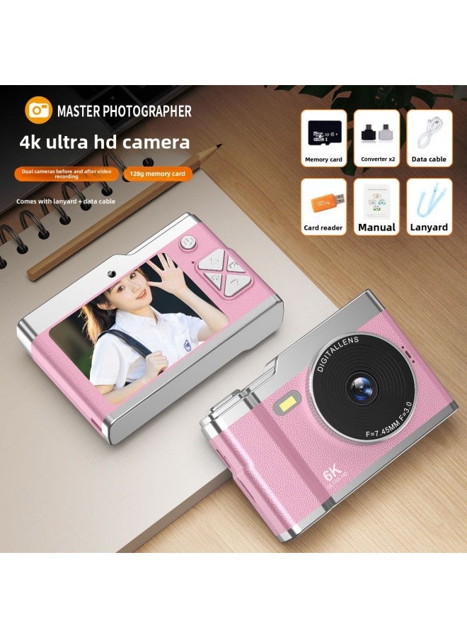 Generic CCD Camera Student Party Beginner Girl's Portable Small HD Travel Digital Camera Retro Special Cdd Camera-Body Color:6400w Lotus Root Powder + Front And Rear Shooting + Fill Light + 2.8inch Screen - Package Five  - Image 1