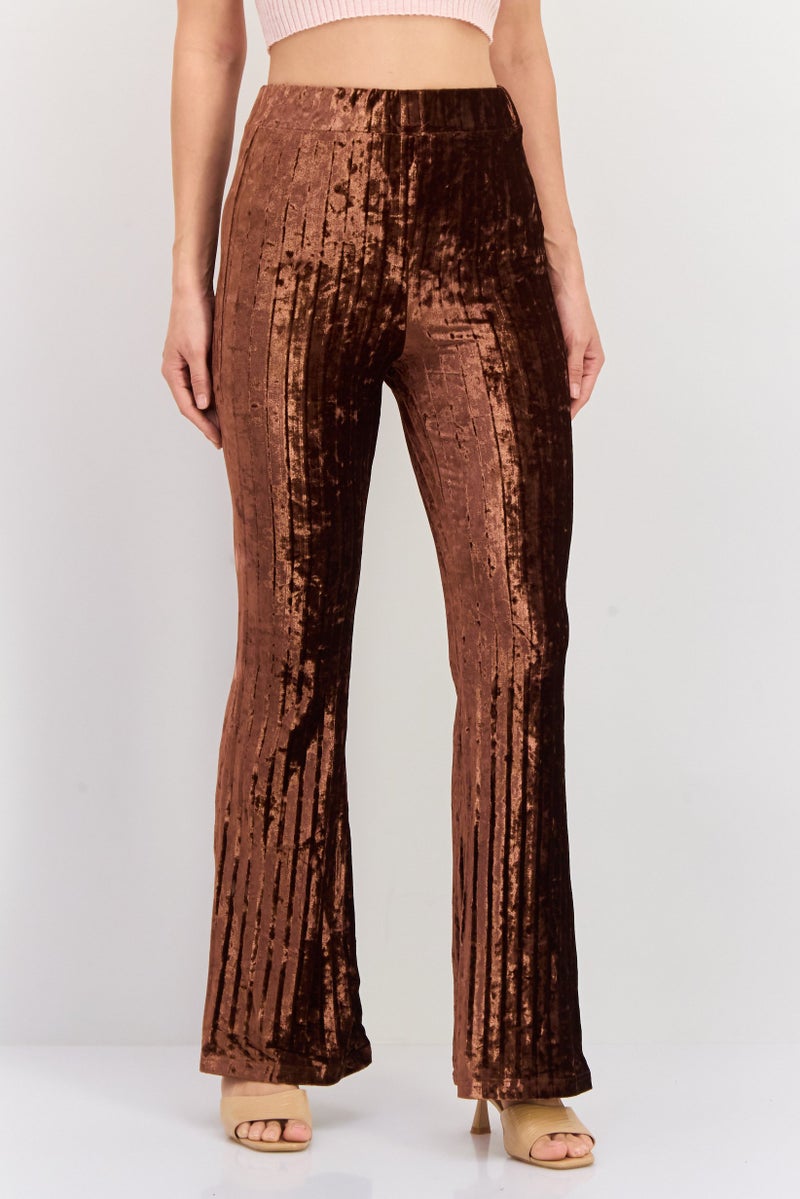En Saison Women Velvet Pleated Flare Pants, Brown - Image 1