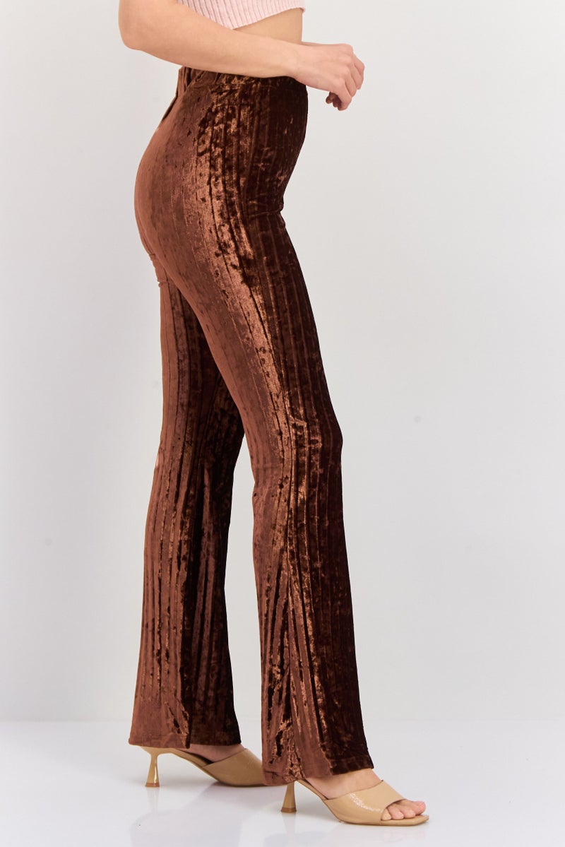 En Saison Women Velvet Pleated Flare Pants, Brown - Image 2