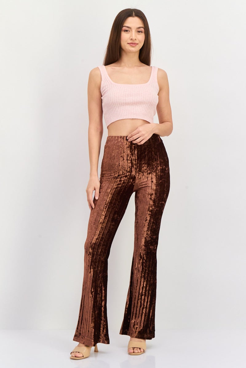 En Saison Women Velvet Pleated Flare Pants, Brown - Image 4