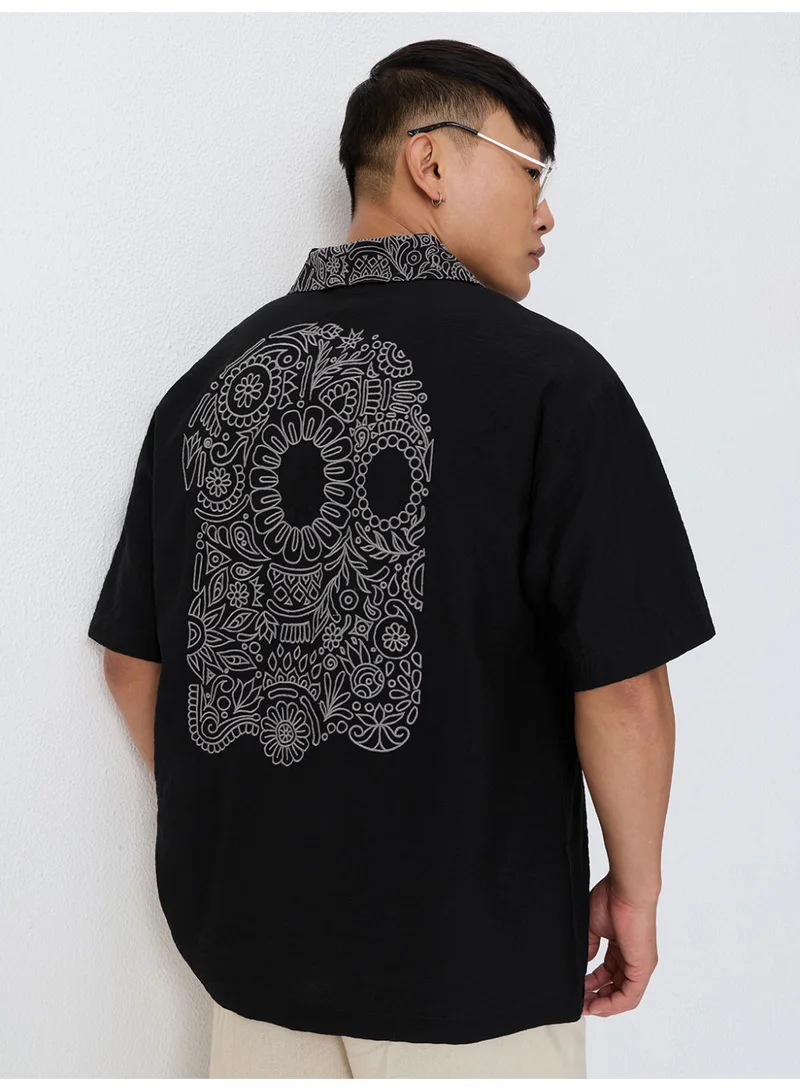 The Souled Store: Indie Soul Men and Boys Short Sleeve Spread Collar Black Embroidered Viscose Blend Oversized Shirt