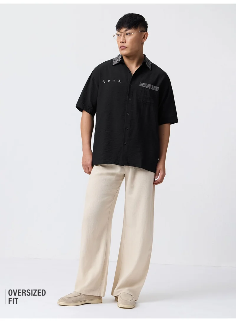 The Souled Store  The Souled Store: Indie Soul Men and Boys Short Sleeve Spread Collar Black Embroidered Viscose Blend Oversized Shirt  | Best Price UAE