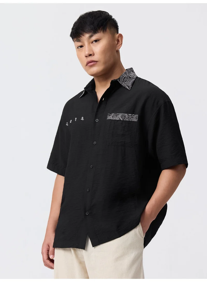 The Souled Store  The Souled Store: Indie Soul Men and Boys Short Sleeve Spread Collar Black Embroidered Viscose Blend Oversized Shirt  | Best Price UAE