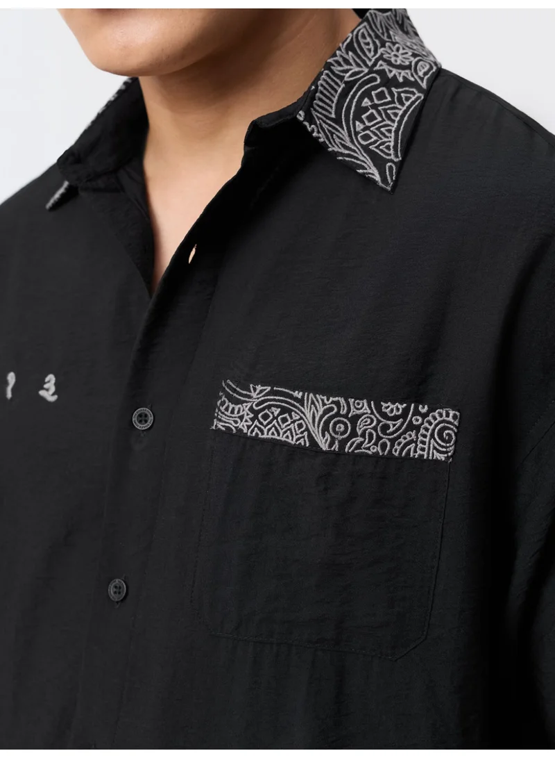 The Souled Store  The Souled Store: Indie Soul Men and Boys Short Sleeve Spread Collar Black Embroidered Viscose Blend Oversized Shirt  | Best Price UAE