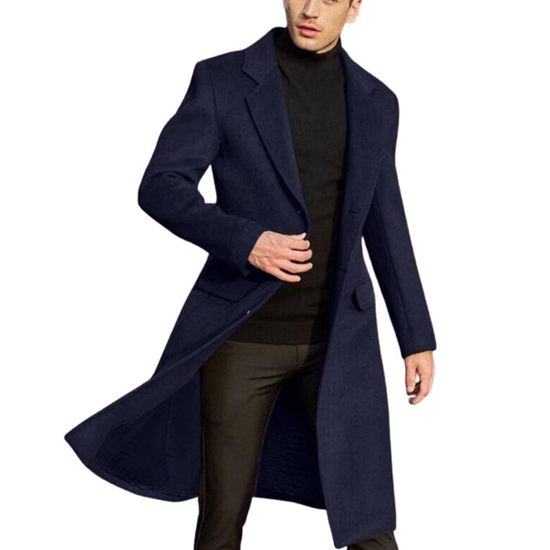 SACHUI® Men's Wool Blend Long Trench Coat Single Breasted Slim Fit Winter Jacket | Navy Blue - L - Image 1
