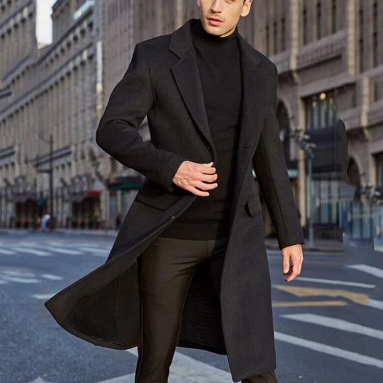 SACHUI® Men's Wool Blend Long Trench Coat Single Breasted Slim Fit Winter Jacket | Navy Blue - L - Image 5