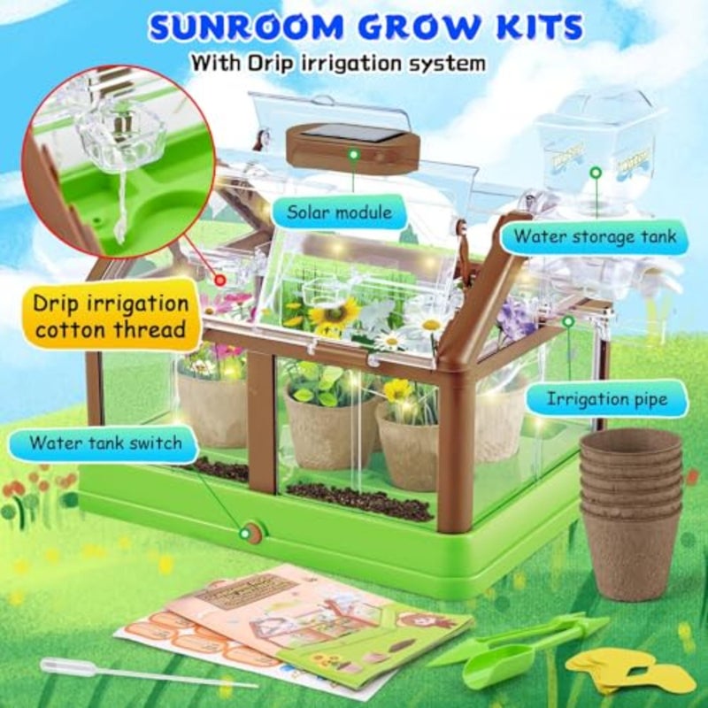 Plant Growing Kit for 's Greenhouse Flower Growing Set with Solar LED Grow Light and Irrigation System Educational Toddler Gardening Tools Set DIY Creative Thinking Garden Kit for Home and Classroom - Image 2