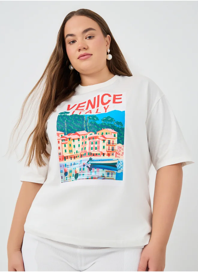 Styli Plus Size Venice Italy Graphic Print Short Sleeve T-Shirt