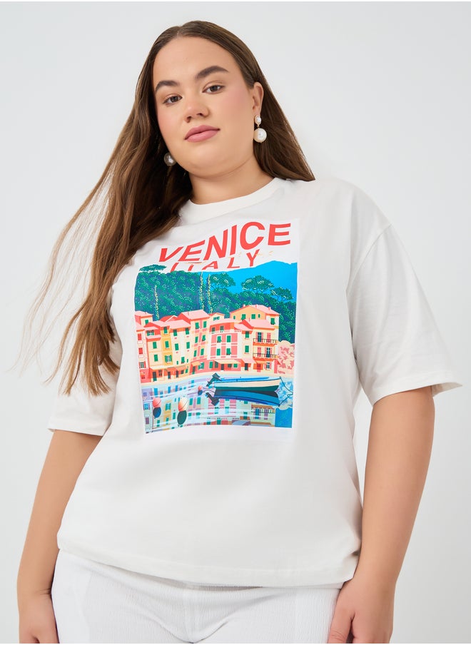 Styli Plus Size Venice Italy Graphic Print Short Sleeve T-Shirt  - Image 1
