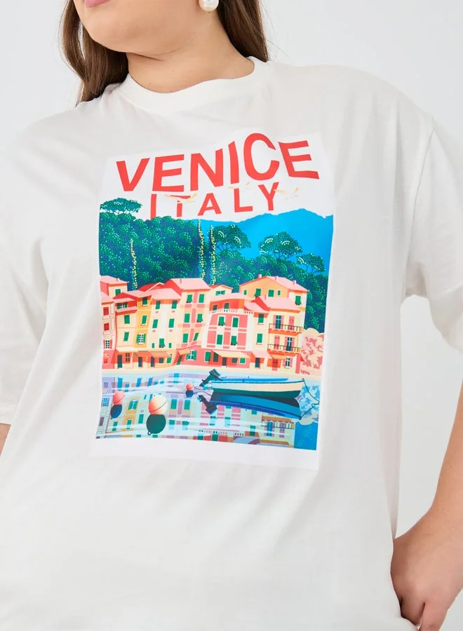 Styli Plus Size Venice Italy Graphic Print Short Sleeve T-Shirt