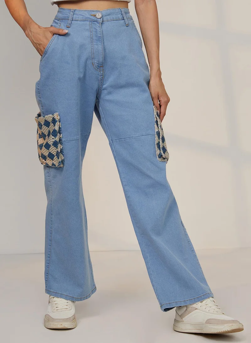 كامبوس سوترا Pinacolada Women's Light Blue Contrast Patch Denim Jeans For Casual Wear | Mid-Rise | Light-Wash | Button Closure | Denim Jeans Designed With Comfortable Fit For Woman & Girls