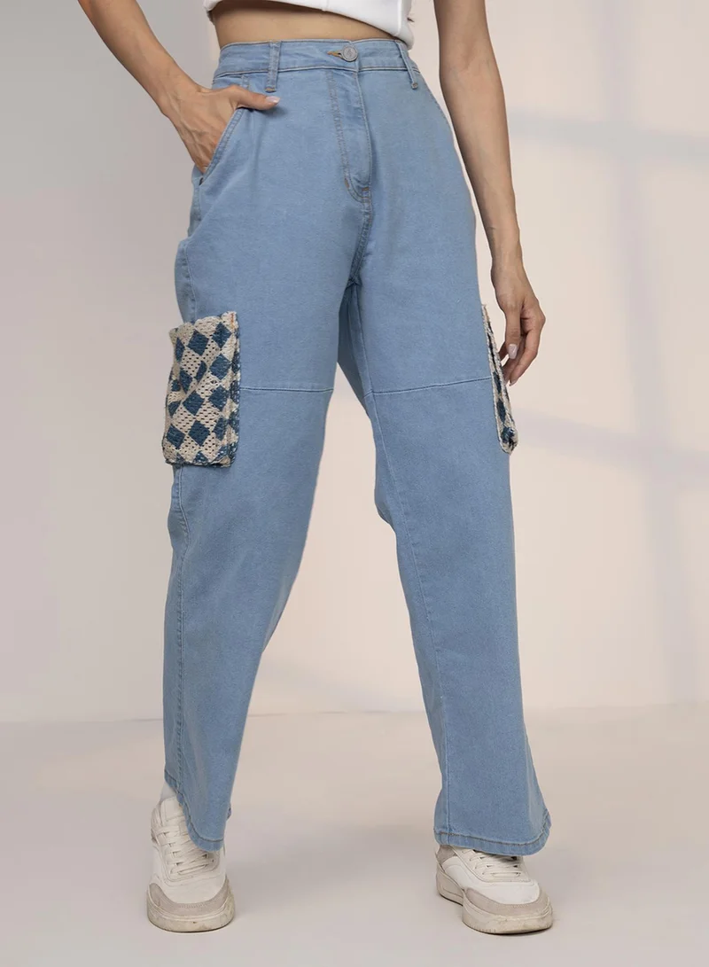 كامبوس سوترا Pinacolada Women's Light Blue Contrast Patch Denim Jeans For Casual Wear | Mid-Rise | Light-Wash | Button Closure | Denim Jeans Designed With Comfortable Fit For Woman & Girls