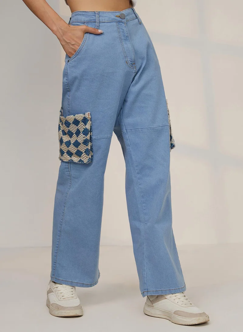 Pinacolada  Pinacolada Women's Light Blue Contrast Patch Denim Jeans For Casual Wear | Mid-Rise | Light-Wash | Button Closure | Denim Jeans Designed With Comfortable Fit For Woman & Girls for Women | Best Price UAE