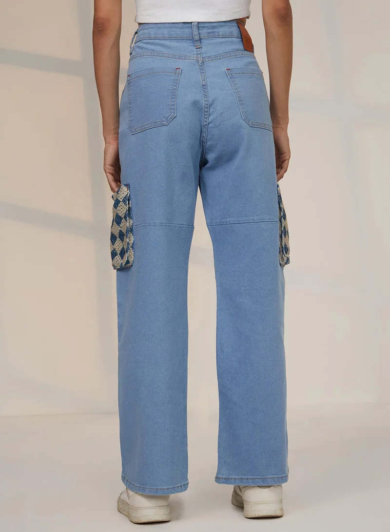 Pinacolada  Pinacolada Women's Light Blue Contrast Patch Denim Jeans For Casual Wear | Mid-Rise | Light-Wash | Button Closure | Denim Jeans Designed With Comfortable Fit For Woman & Girls for Women | Best Price UAE