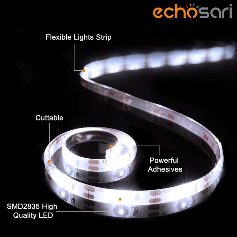 echosari Battery Operated Led Strip Lights White with Remote, 8 Modes, Dimmable, Timer, Self-Adhesive, Cuttable, for PC TV Kitchen Cabinet Shelves Bedroom Decor (3m 90LED) - Image 3