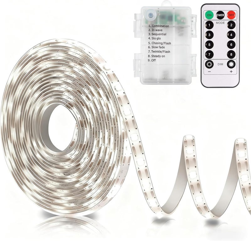 echosari Battery Operated Led Strip Lights White with Remote, 8 Modes, Dimmable, Timer, Self-Adhesive, Cuttable, for PC TV Kitchen Cabinet Shelves Bedroom Decor (3m 90LED) - Image 1