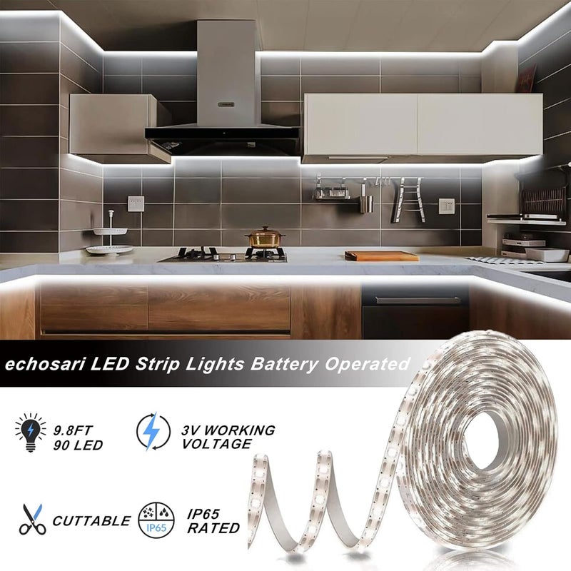echosari Battery Operated Led Strip Lights White with Remote, 8 Modes, Dimmable, Timer, Self-Adhesive, Cuttable, for PC TV Kitchen Cabinet Shelves Bedroom Decor (3m 90LED) - Image 4