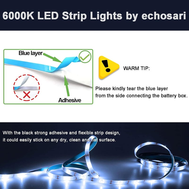 echosari Battery Operated Led Strip Lights White with Remote, 8 Modes, Dimmable, Timer, Self-Adhesive, Cuttable, for PC TV Kitchen Cabinet Shelves Bedroom Decor (3m 90LED) - Image 5