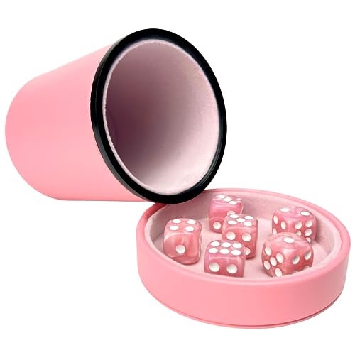 Luck Lab Pink Leather Dice Cup with Lid Including 6 Matching Pearl Dice Pink Velvet Interior for Quiet Shaking Use for Liars Dice Farkle Yahtzee Board Games - Image 1