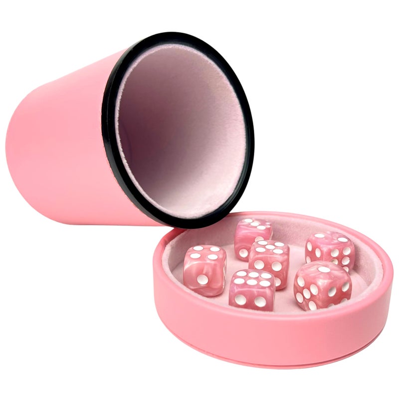 Luck Lab Pink Leather Dice Cup with Lid Including 6 Matching Pearl Dice Pink Velvet Interior for Quiet Shaking Use for Liars Dice Farkle Yahtzee Board Games - Image 3