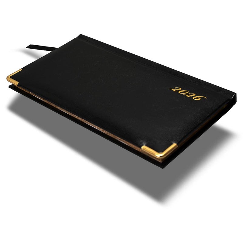 FIS 2026 Golden Slim Diary, Slim Size 170x90mm, 1 Sided Padded Vinyl Cover, Round Corners, Gold Gilded Edges, Landscape Format, English, 60gsm White Paper, Black Color - FSDI52EG26BK - Image 1