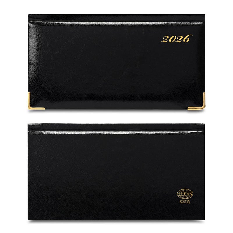 FIS 2026 Golden Slim Diary, Slim Size 170x90mm, 1 Sided Padded Vinyl Cover, Round Corners, Gold Gilded Edges, Landscape Format, English, 60gsm White Paper, Black Color - FSDI52EG26BK - Image 2
