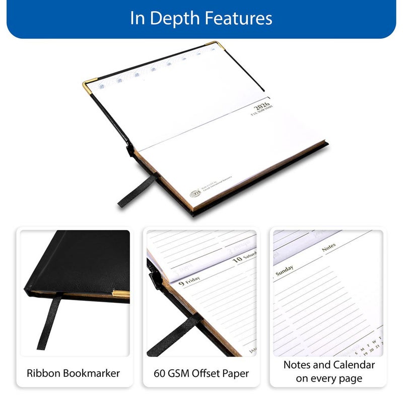 FIS 2026 Golden Slim Diary, Slim Size 170x90mm, 1 Sided Padded Vinyl Cover, Round Corners, Gold Gilded Edges, Landscape Format, English, 60gsm White Paper, Black Color - FSDI52EG26BK - Image 5